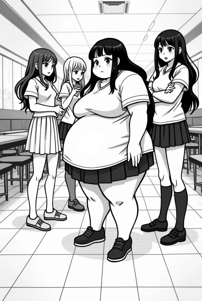 Drawing a black and white manga in a school cafeteria where a fat girl is bullied by three female friends.