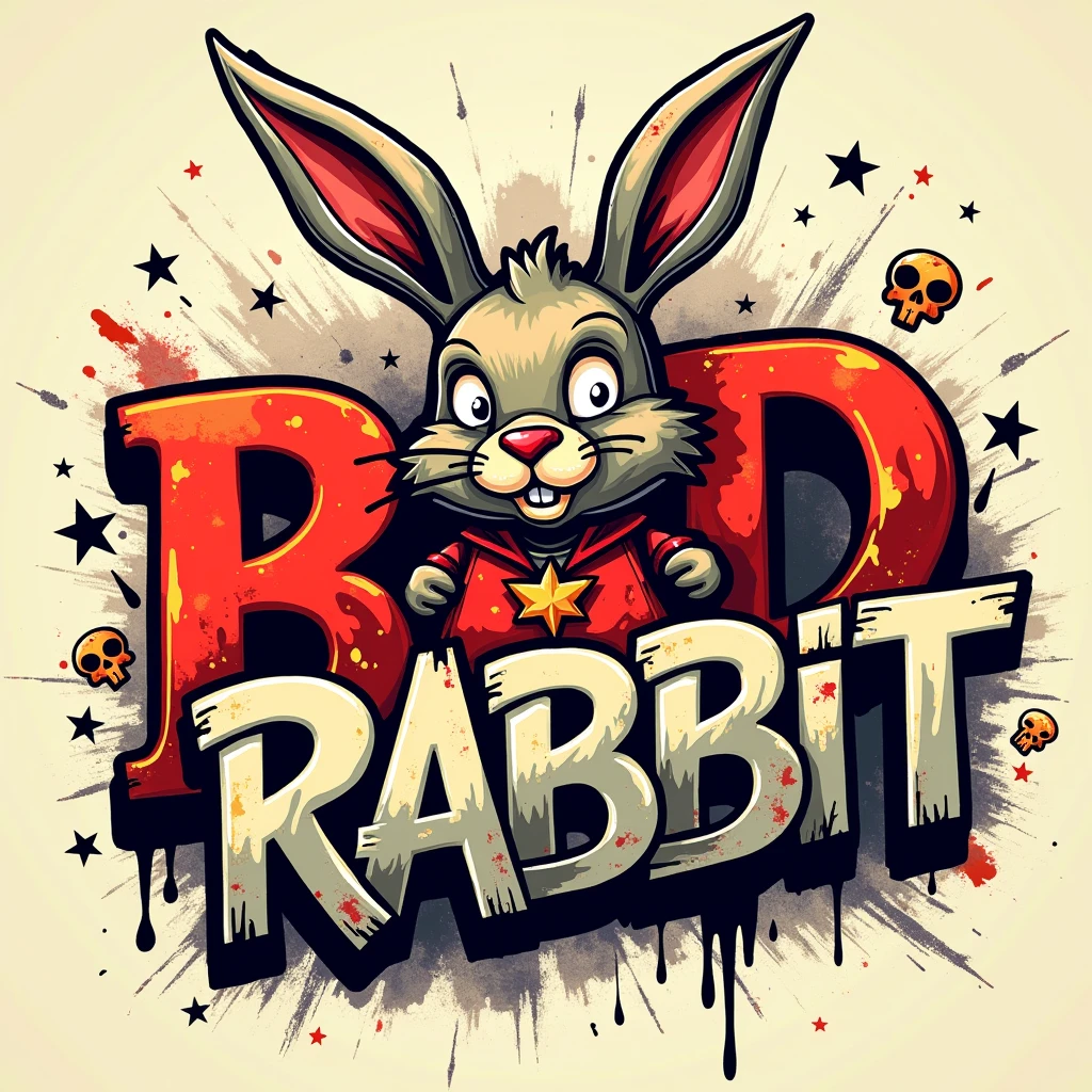 a bold graffiti-style font,bad rabbit,distressed texture,small star symbols,small skull symbols,scattered around text,highly detailed,vibrant colors,urban style,grungy,rough edges,dynamic composition,street art
