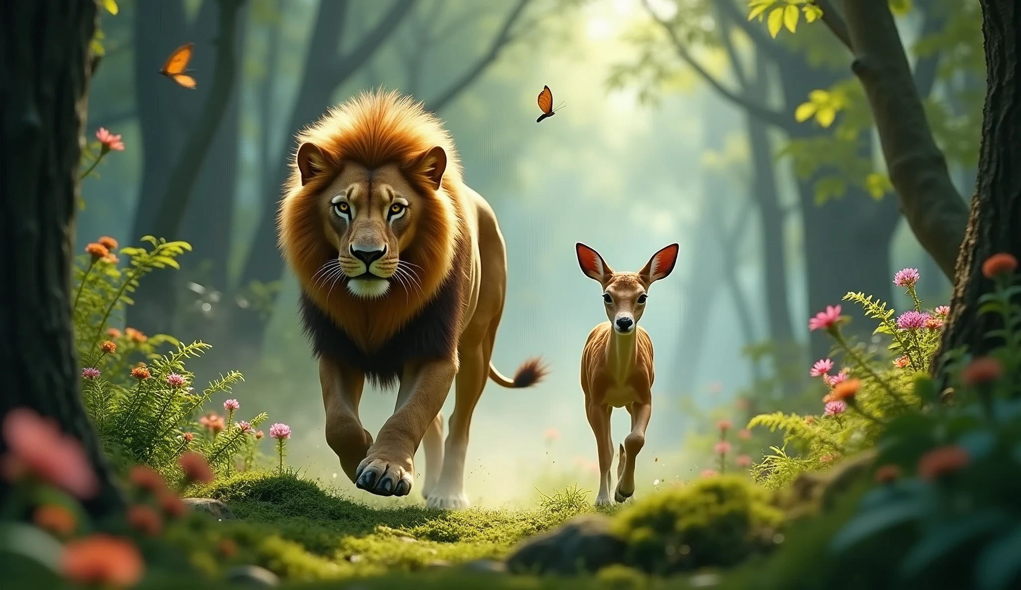 enchanting forest A lion chasing a deer 32K UHD