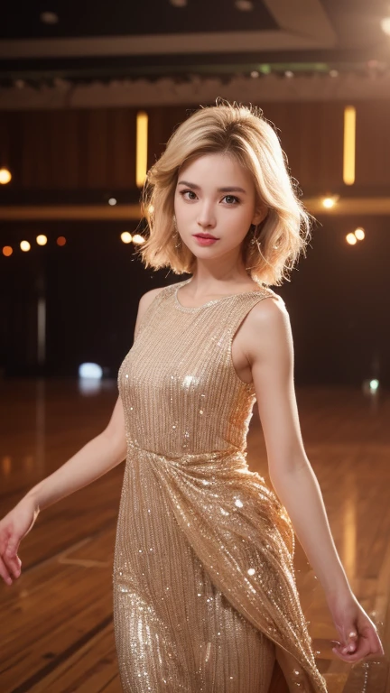 RAW Shooting、Photorealism、Masseter muscle part、A girl、baby face、very cute、Slim and beautiful、((Thin body:1.2))、Perfect anatomical structure、Correct human body、Carefully drawn eyes、Charming eyes、Double tail、Large Breasts、Good breast size、Beautiful Ash Blonde Hair、Look away、Beautiful sequined dress、Champagne gold dress、Chess Gangte sleeveless dress with bold opening、Random pose、Backlight、(((Luxury Ballroom、Dimly lit dance hall、Subtitle background)))