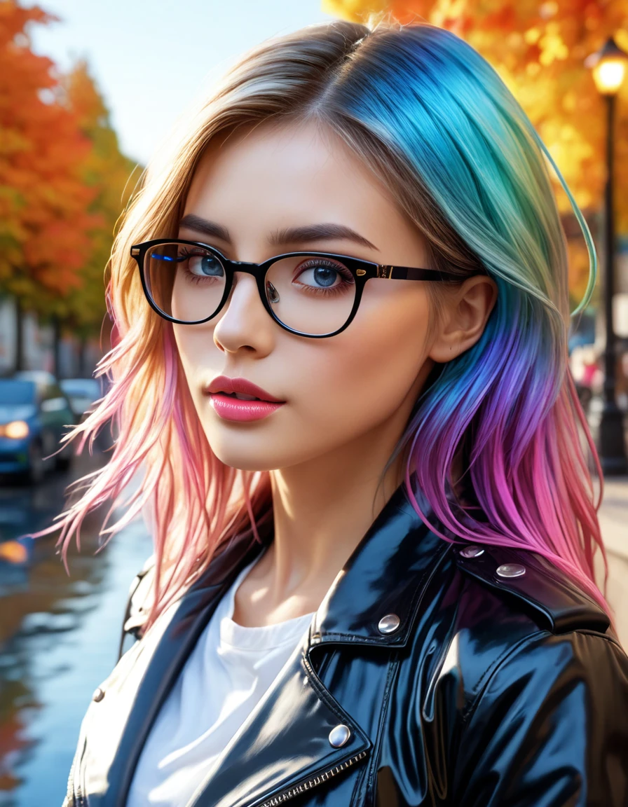 A woman wearing glasses, beautiful detailed eyes, beautiful detailed lips, extremely detailed face and hair, 1girl, pastel colors, luminous design, ink drips, autumn lights, oil painting, hyperrealistic, 8k, cinematic lighting, master work, ambient occlusion, volumetric lighting, photorealistic, sharp focus, vibrant colors, reflections, intricate details, highly detailed, elegant, atmospheric, magical realism, Black Leather Jacket, ImgFixerPre0.3