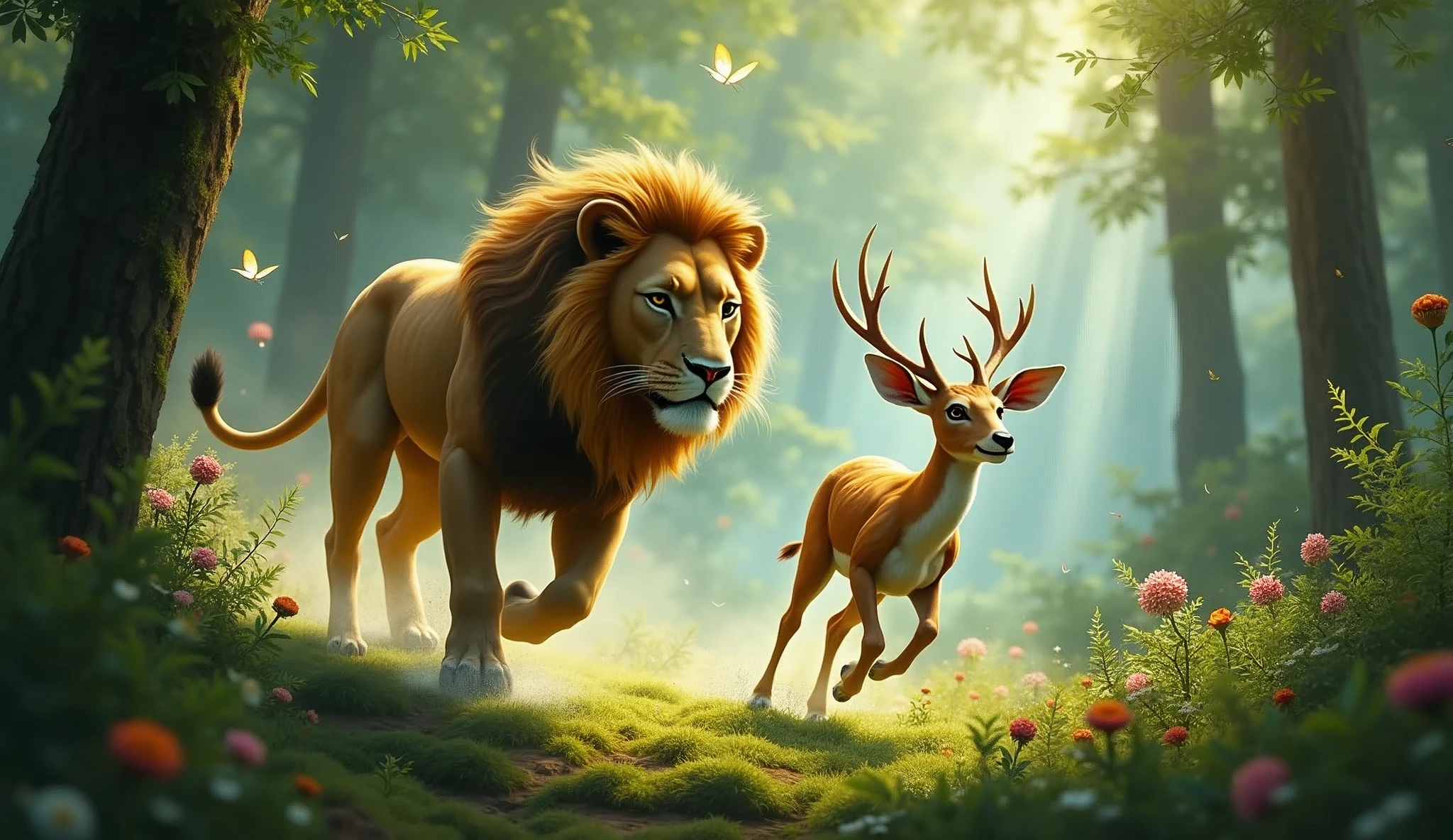 enchanting forest A lion chasing a deer 32K UHD