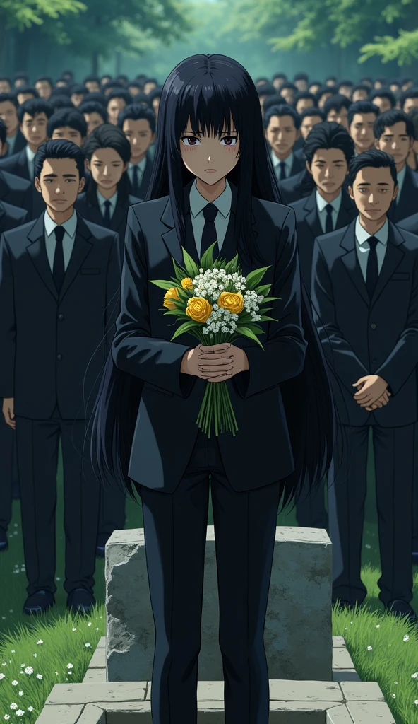 ((A woman with long hair)),Stand in front of the tombstone,Sad expression,Holding yellow and white flowers in hands,Black Hair,funeral,Japanese comic style,Black suit,There are a lot of people behind him