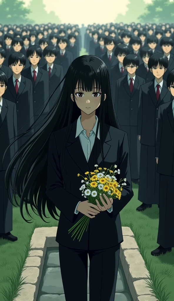 ((A woman with long hair)),Stand in front of the tombstone,Sad expression,Holding yellow and white flowers in hands,Black Hair,funeral,Japanese comic style,Black suit,There are a lot of people behind him