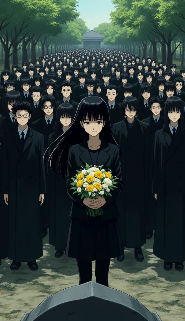 ((A woman with long hair)),Stand in front of the tombstone,Sad expression,Holding yellow and white flowers in hands,Black Hair,funeral,Japanese comic style,Black suit,There are a lot of people behind him