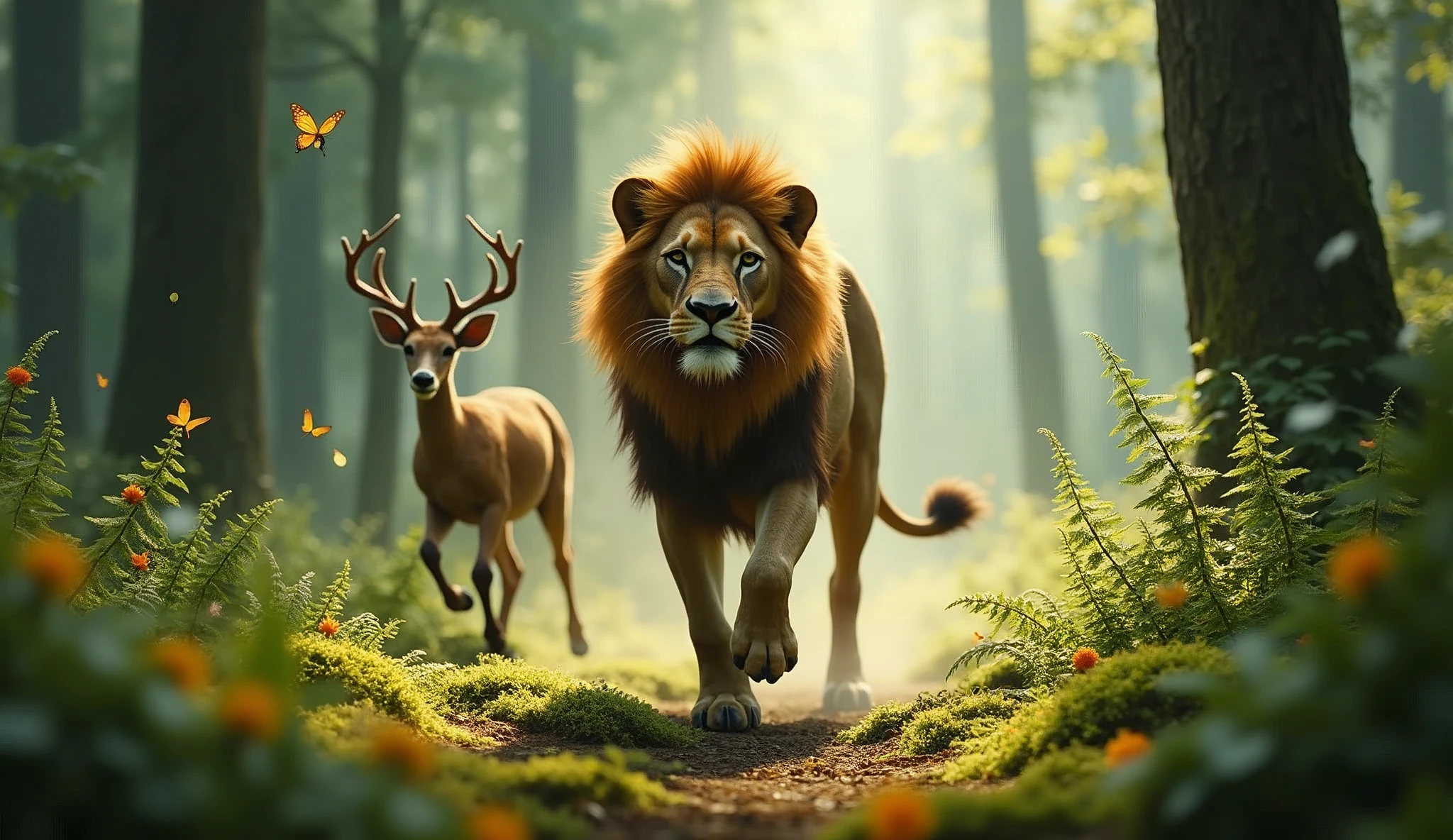 enchanting forest A lion chasing a deer 32K UHD