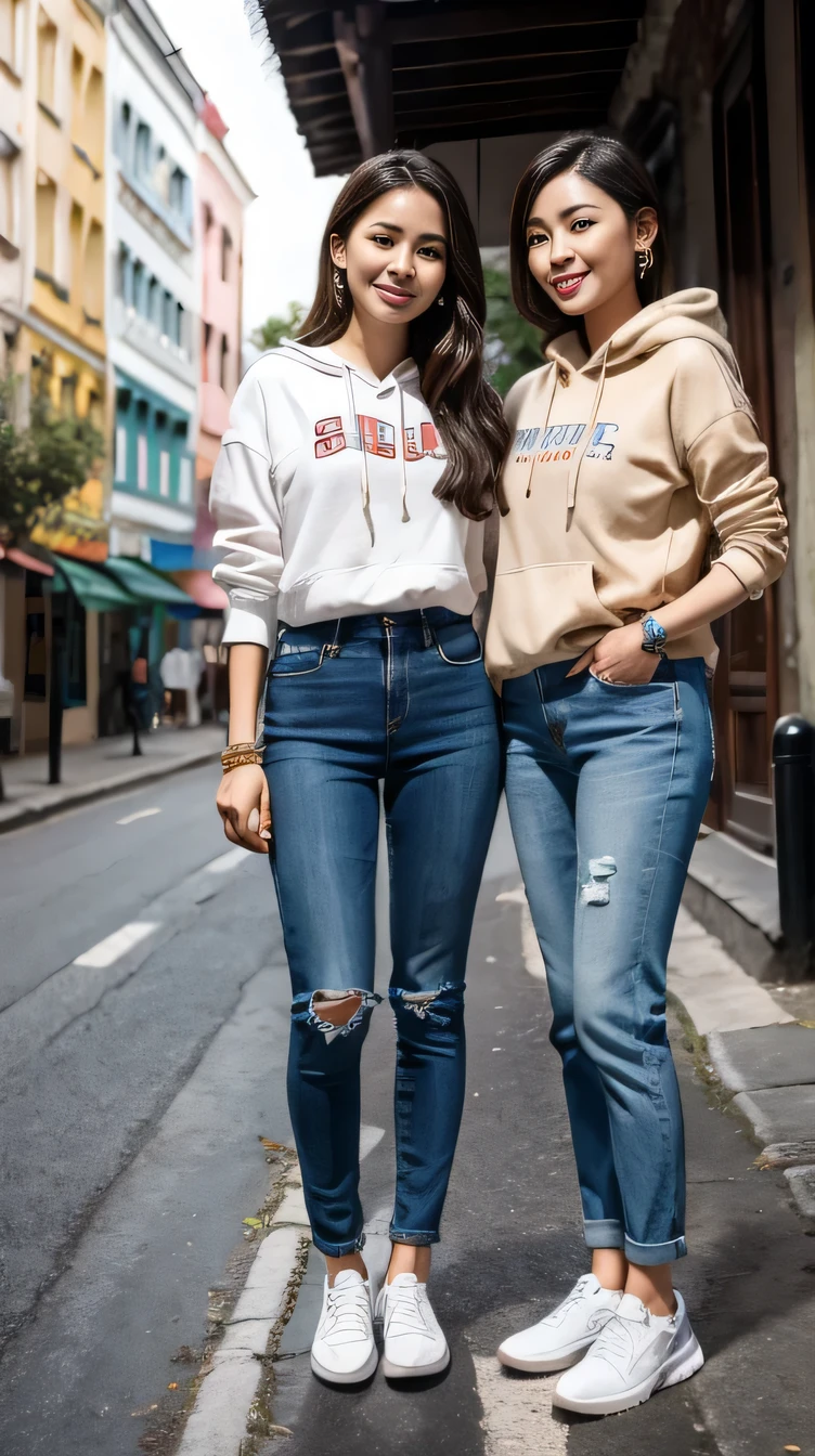 Super Resolution、Two beautiful Vietnamese women、Full body photo、Are standing、Short Haircut、ear piercing、necklace、hoodie、Skinny jeans、sneakers、、smile、Beautiful teeth alignment、The background is a town street