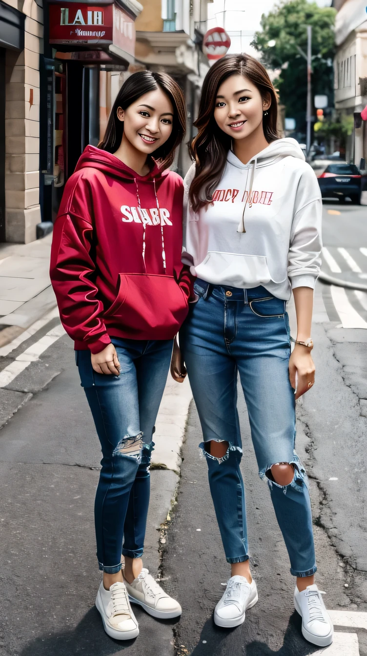 Super Resolution、Two beautiful Vietnamese women、Full body photo、Are standing、Short Haircut、ear piercing、necklace、hoodie、Skinny jeans、sneakers、、smile、Beautiful teeth alignment、The background is a town street