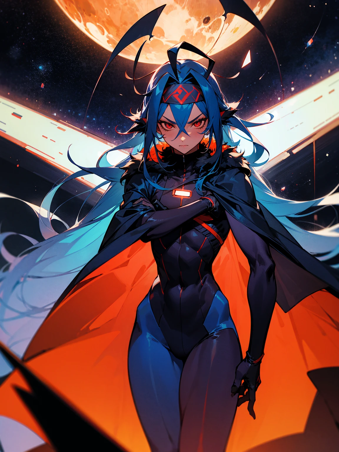 1male, red skin, antennae, black sclera. long blue hair, headband, super suit, tied to waist, oversized fur coat, serious, muscular, space ship, arms folded, facing viewer