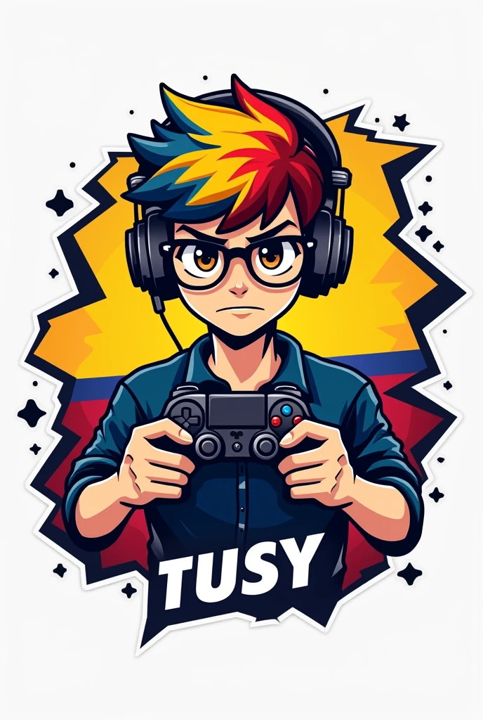 Create me a logo where the mascot is a young man with a serious expression, behind the Colombian flag that is torn, Brown eyes, yellow blue and red hair, black headphones, black glasses and underneath have the letters "tusy" that he has a controller in his hands