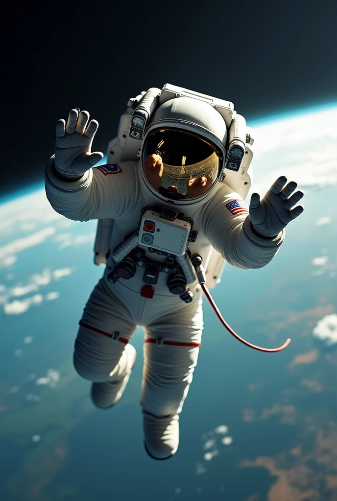 A realistic astronaut in space saying hello as a gif with face covered provide as a vedio