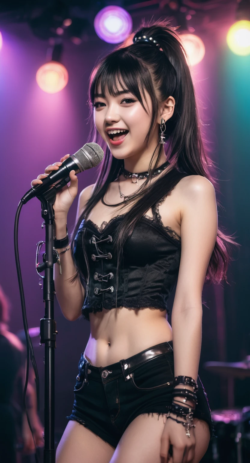 Masterpiece, fine art photography, full shot wide angle, soft edges, high quality image, 1 beautiful japanese idol Kana momonogi aged 24 years old, dynamic environment, high music, mischievous laugh, winking her eye, punk gothic look, septum ring, black lace corset, soft delicate girl, thin waist, small face, sneakers, holding a mic and singing on stage, band members playing behind, live band music, neon lights, night time, beautiful stage and lightings, candid expressions, bangs with pony, lights falling on her hairs, full body, delicate features, pale slender beauty, beautiful detailed eyes, hazel color eyes, modern woman , blur background, cinematic lighting, HQ, 8k