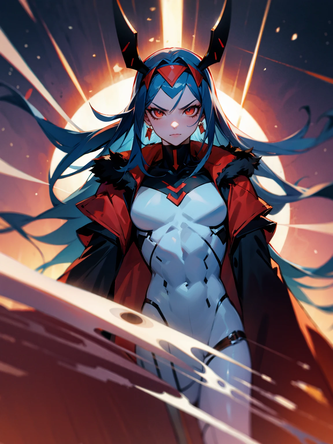 1male, red skin, antennae, black sclera. long blue hair, headband, super suit, tied to waist, oversized fur coat, serious, muscular, space ship, arms folded, facing viewer