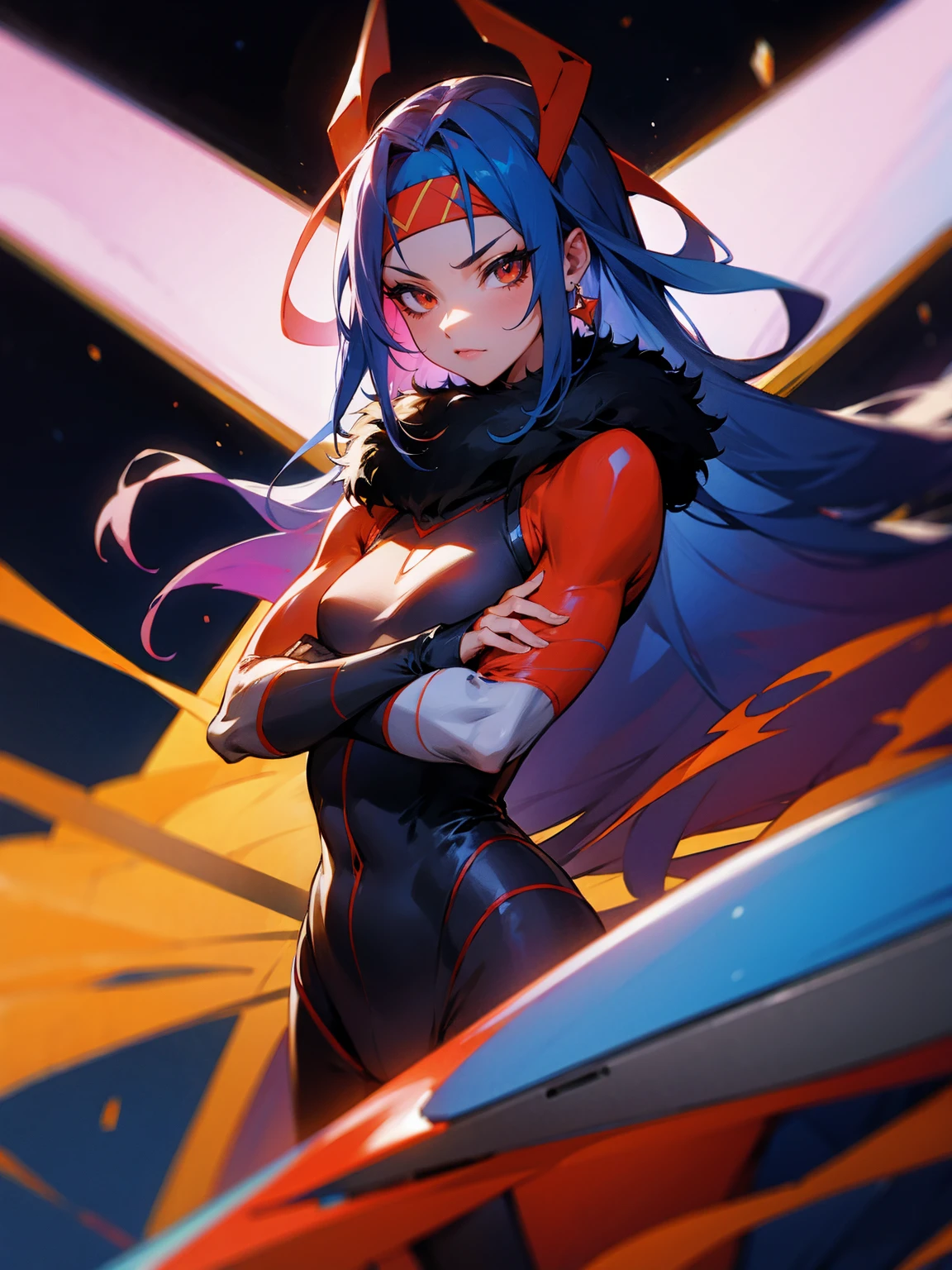 1male, red skin, antennae, black sclera. long blue hair, headband, super suit, tied to waist, oversized fur coat, serious, muscular, space ship, arms folded, facing viewer