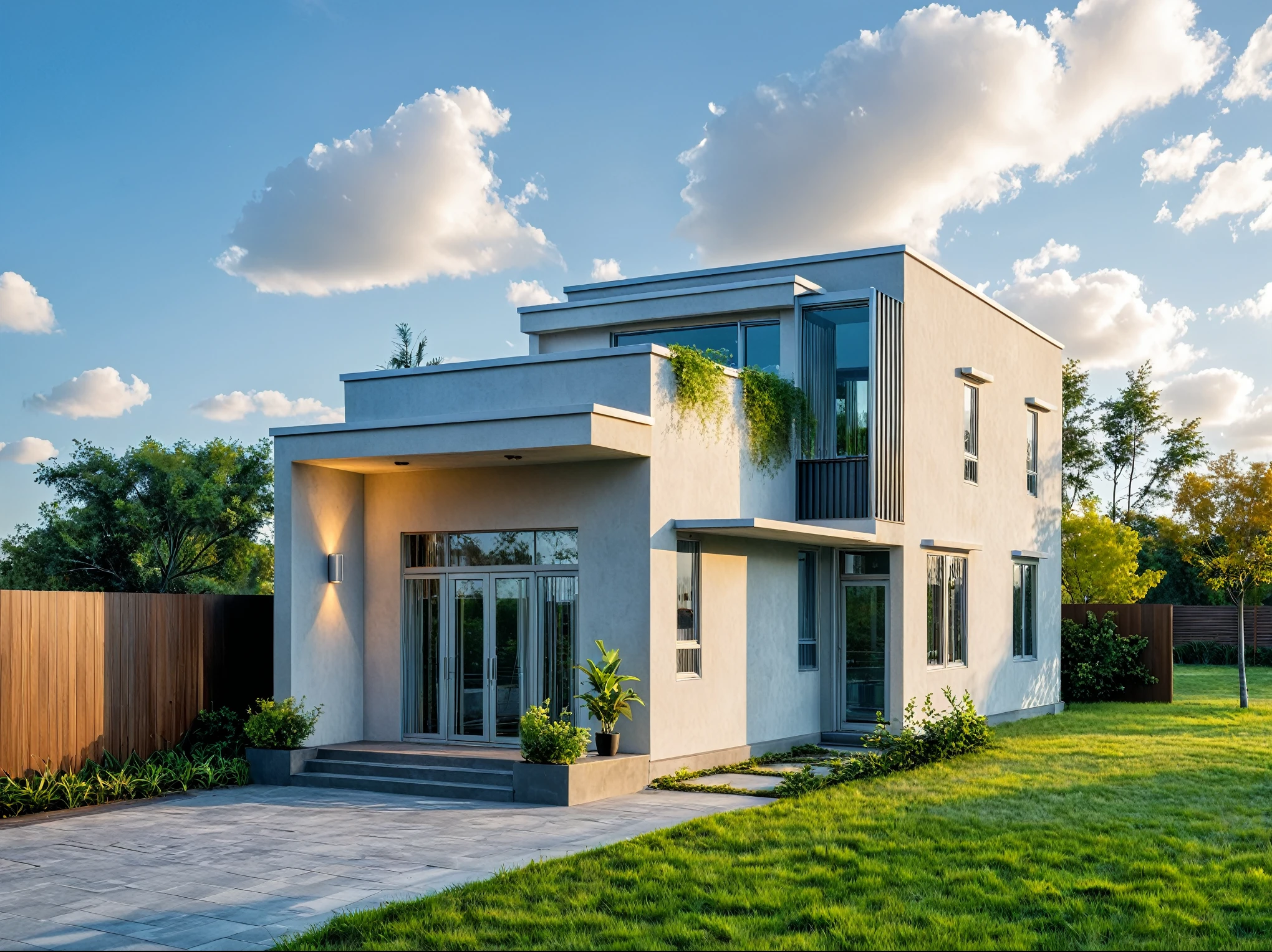 Masterpiece, high quality, best quality, realistic, surreal detail, outdoor, onestoreyvillaXL, aiaigroup, modern house style, white wall, brick yard, grass, trees, sky, clouds, wall lines, aluminum glass doors, aluminum glass louvers, glass railings, 3 steps up to the lobby, low fence, (daylight: 1.1)