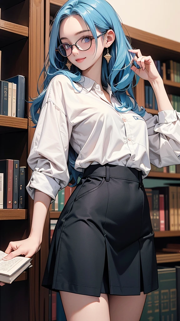 One Girl(High resolution, masterpiece, accurate, Anatomically correct), ((intellectual、Wearing glasses、Standing at an angle, one index finger touching his glasses and the other hand holding a book at his side、A little smile))、(Two-tone golden and light blue hair、Pink eyes)、(A short-sleeved tight white shirt and a tight black skirt that accentuates her body lines)((Old Library))Highest quality, Ultra high definition, High-resolution model,