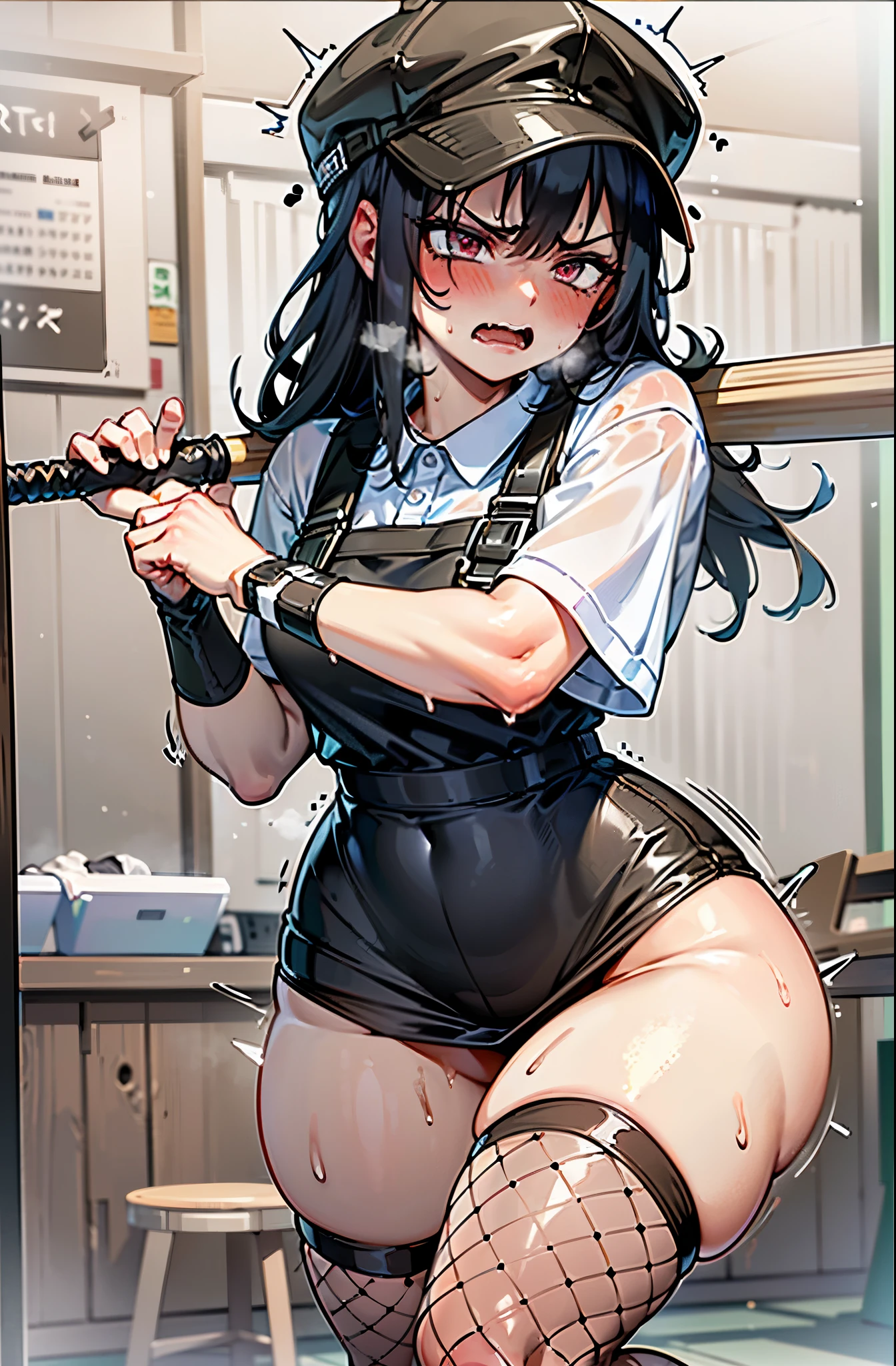 long Brown hair (masterpiece, best quality) (((8K best quality))), ((Intricate details)) ((blush)),wet, Sweating, White skin, Baseball cap, ((,Holding a baseball bat,Arrogant and angry expression)),, NSFW clothing, , , Perspective material, student, Strike a pose, , Thick thighs, wet clothes, See through clothes, ((( Thin waist))), cute blush face,