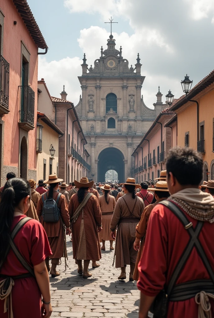 A group of indigenous people and Spaniards in the Plaza de Armas, with colonial buildings around it.