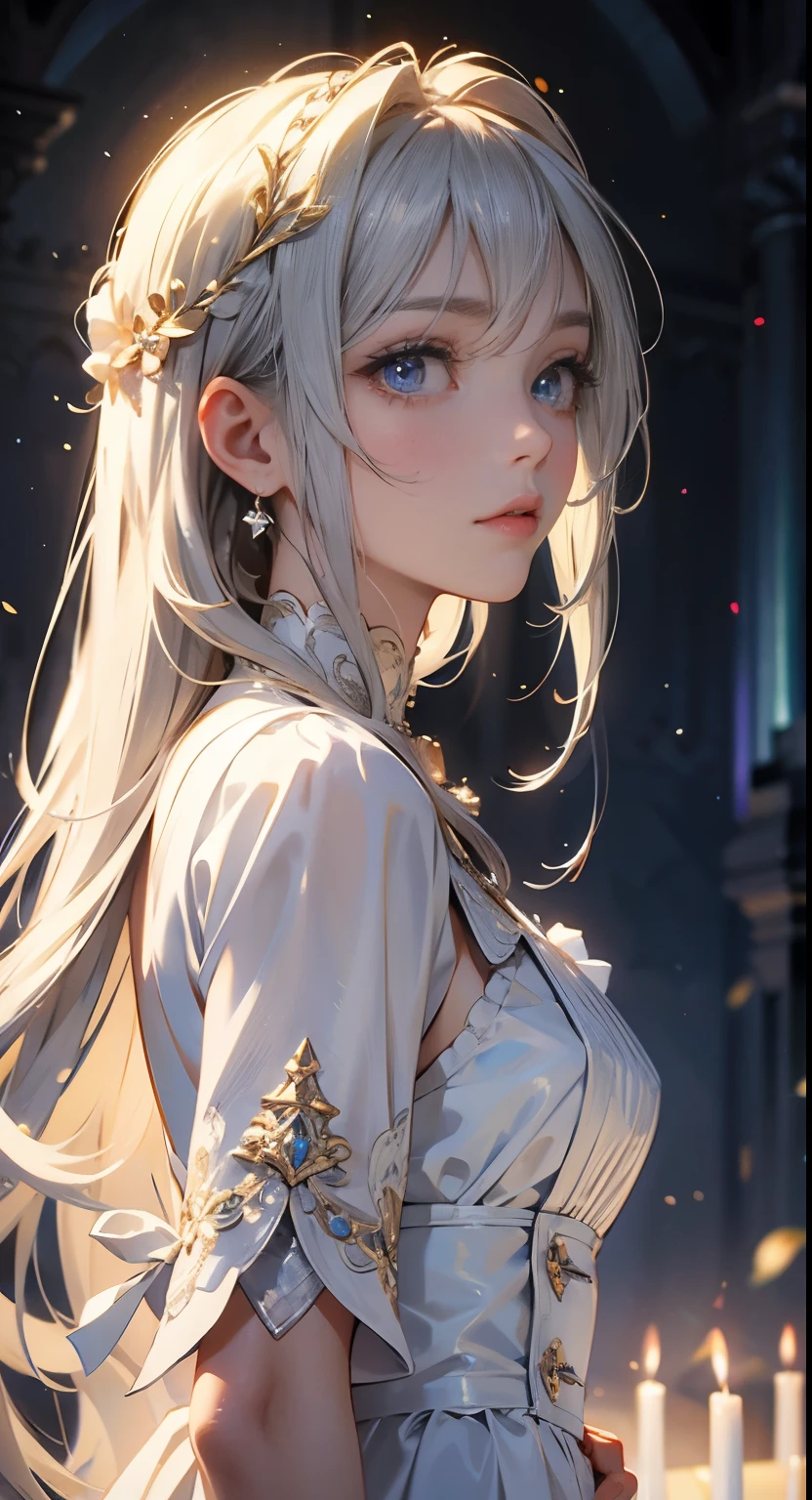 Masterpiece of 16 years old, White medium hair, Center parted hair, White Dress, (Detailed pupils:1.2), Dramatic Light, Strong Shadows, Nice views,pray,Rainbow Aurora in sky,