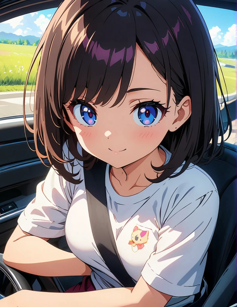 (anime artwork, anime style, studio anime, very detailed, up to date, vibrant, Anime Coloring, high contrast, masterpiece:1.2, best quality, best aesthetics),1 girl, Medium chest, A glimpse of thighs,random hair, One eye is hidden by the bangs, perfect proportions, high detail skin, Cute, detailed faces, precise fingers,in the convertible car front driver's seat,
