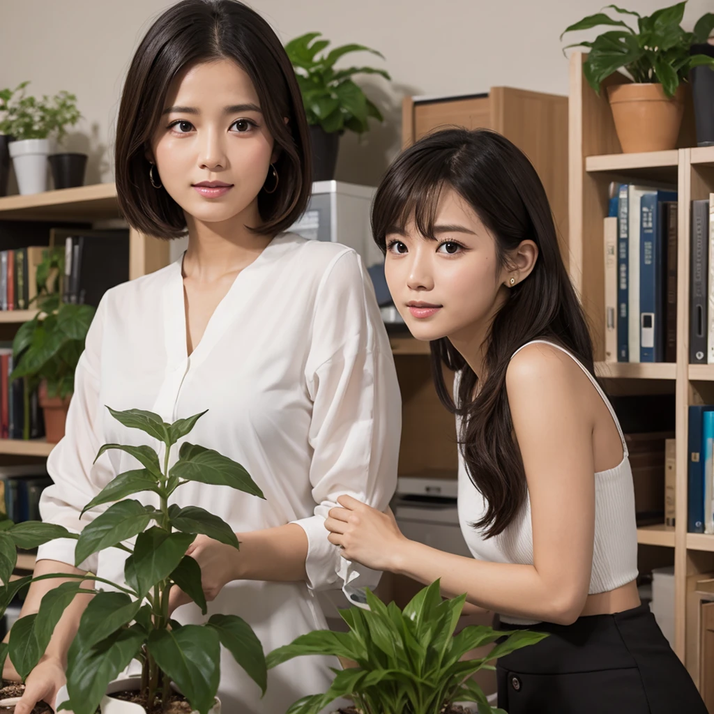 Office woman holding a plant