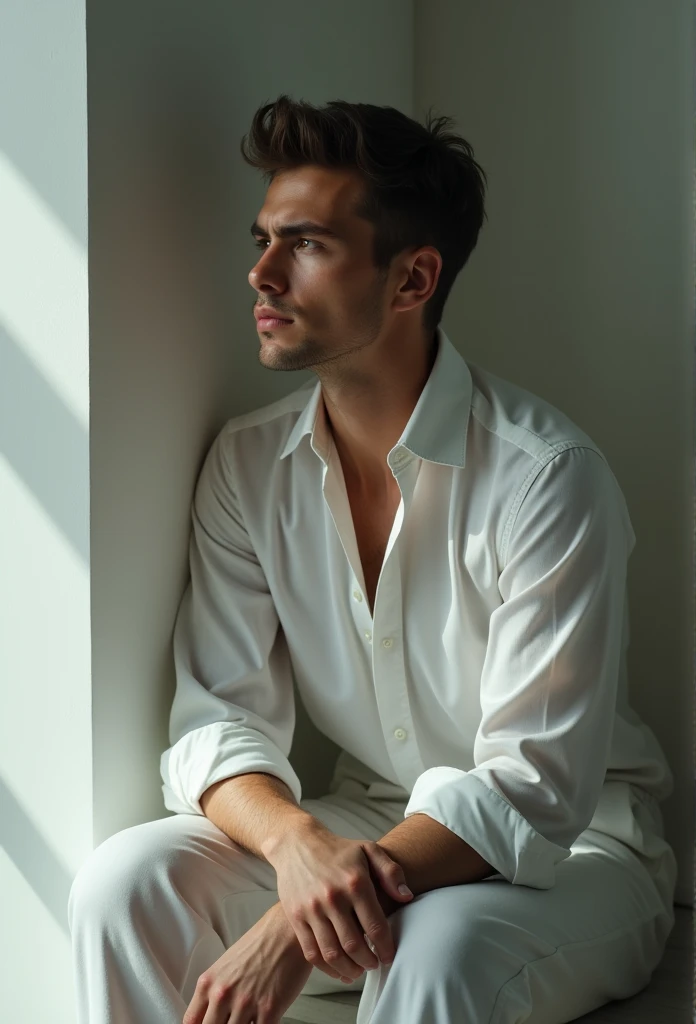 (best quality,4K,high resolution,masterpiece:1.2), Extremely detailed, Practical:1.37, A man in white clothes sits in the corner of an empty room. Melancholy look, Delicate eyes, Delicate lips, White clothes fluttering, Subtle shadows, Atmospheric lighting, Thought-provoking, Introspective, Melancholic atmosphere, Art Photography, Chiaroscuro effect, Dramatic Lighting, Introspective mood, Deep in thought, Minimalist environment, Clear lines, Blank wall, Empty Space, loneliness, Calm and peaceful atmosphere.