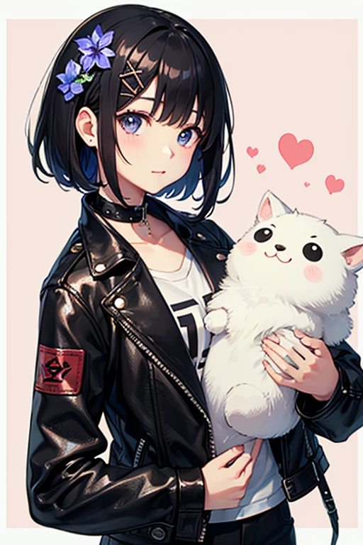 Highest quality、Black Hair、Iris、short hair、girl、cute、16 years old、、Small hair ornament、1 person、Black Leather Jacket、