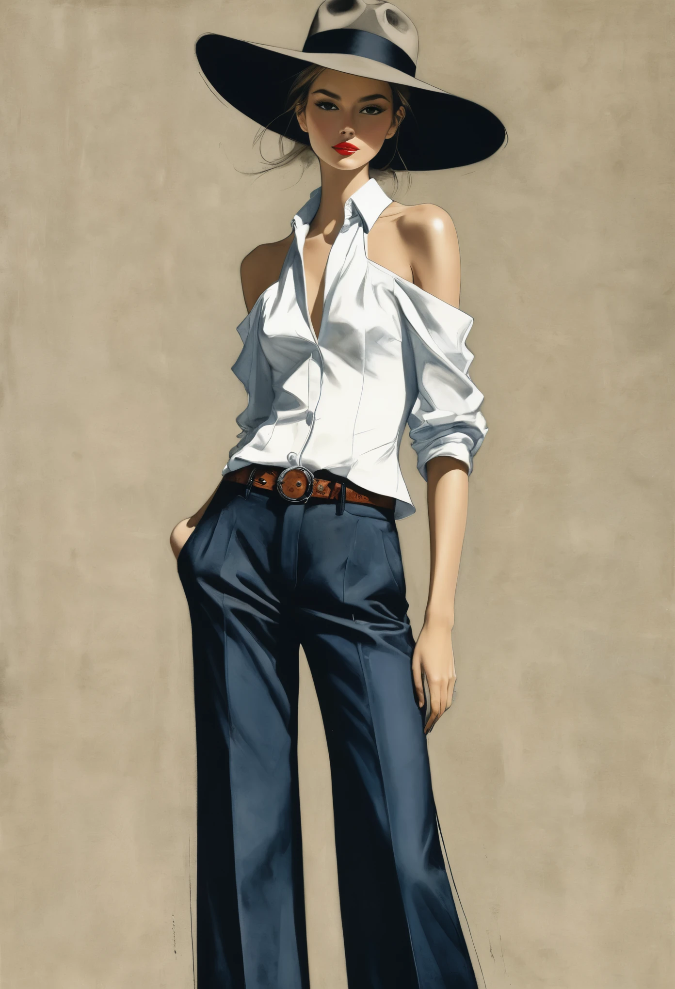 in style of Santiago Caruso,in style of Hans Hartung,in style of Carolina Herrera
1 girl,character concept design,(gravure_pose:1.3),noble,elegant bottom ,absurdres,{cowboy_shot:1},parcel shoulder micro top,Lively dynamic color matching,