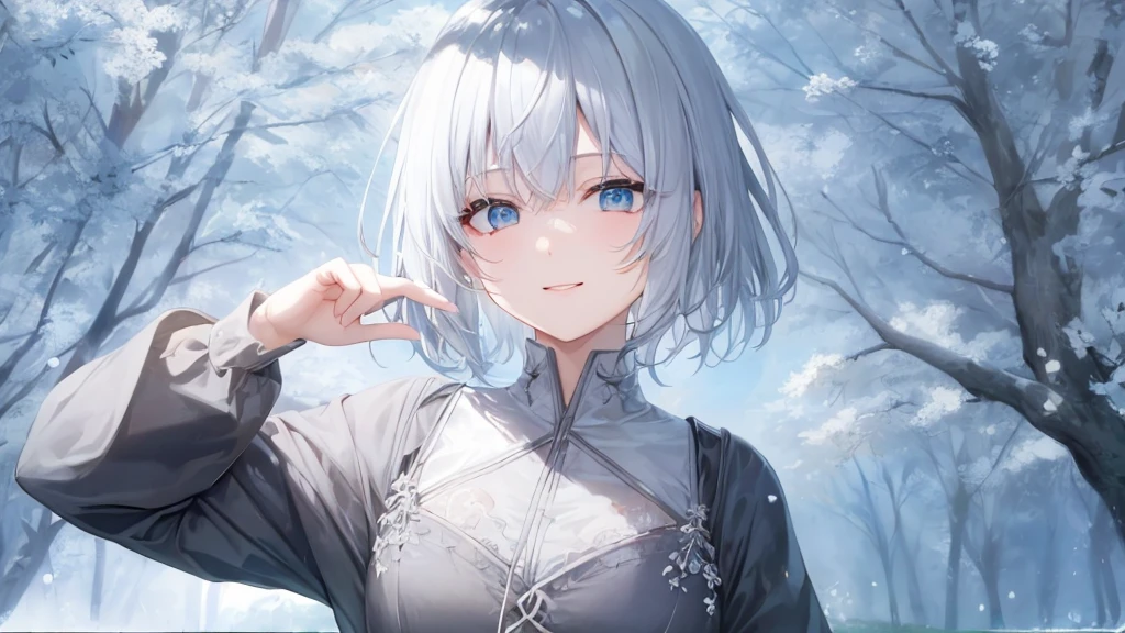 Ultra HD,Look at the viewers, Place your hands behind your back, With a girl, 20-year-old, 非常にshort hair, Long bangs between the eyes, Pale blue eyes, Very detailed,(masterpiece、Highest quality),Gray Hair、Laughter、wonderful, Silver Hair, iris, short hair、 Fluttering Hair、Small face、明るいsmile、(Detailed face) ,Professional Lighting,wonderful風景,blue sky, sunlight,Looking down from above,Portraiture、Open your mouth、Flower Field、Her eyes were shining、Mysterious and enchanting atmosphere。With AI Painting、とてもshort hair, Long bangs between the eyes, Very detailed,(masterpiece、Highest quality)、alone、Gray Hair、Fantasy, Silver Hair, Fantasyな風景、smile、Open your mouth、short hair、short hair、hairpin、black eye、Grey Eyes、Beautiful Eyes、Black Shirt、White hoodie