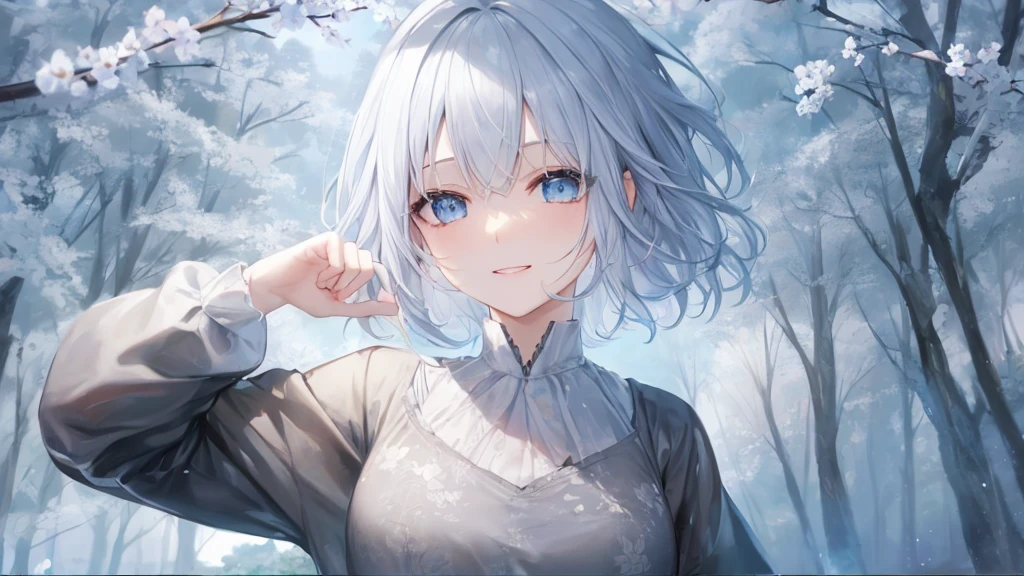 Ultra HD,Look at the viewers, Place your hands behind your back, With a girl, 20-year-old, 非常にshort hair, Long bangs between the eyes, Pale blue eyes, Very detailed,(masterpiece、Highest quality),Gray Hair、Laughter、wonderful, Silver Hair, iris, short hair、 Fluttering Hair、Small face、明るいsmile、(Detailed face) ,Professional Lighting,wonderful風景,blue sky, sunlight,Looking down from above,Portraiture、Open your mouth、Flower Field、Her eyes were shining、Mysterious and enchanting atmosphere。With AI Painting、とてもshort hair, Long bangs between the eyes, Very detailed,(masterpiece、Highest quality)、alone、Gray Hair、Fantasy, Silver Hair, Fantasyな風景、smile、Open your mouth、short hair、short hair、hairpin、black eye、Grey Eyes、Beautiful Eyes、Black Shirt、White hoodie