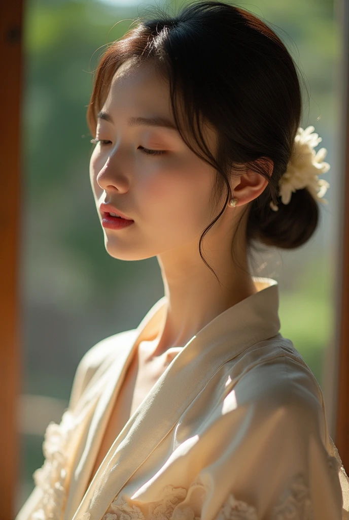 An elegantly dressed Japanese woman in natural light、A close-up of her chest and calm expression.、It shows her inner peace and outer charm.。