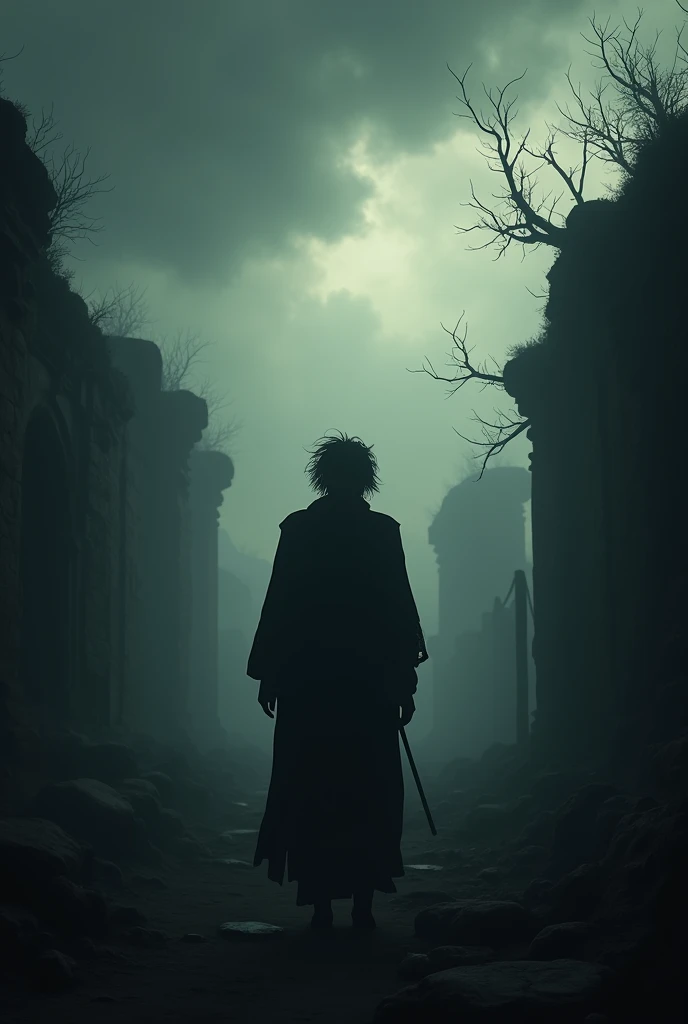 Silhouettes of a sad black-haired man from ancient times in a gloomy environment