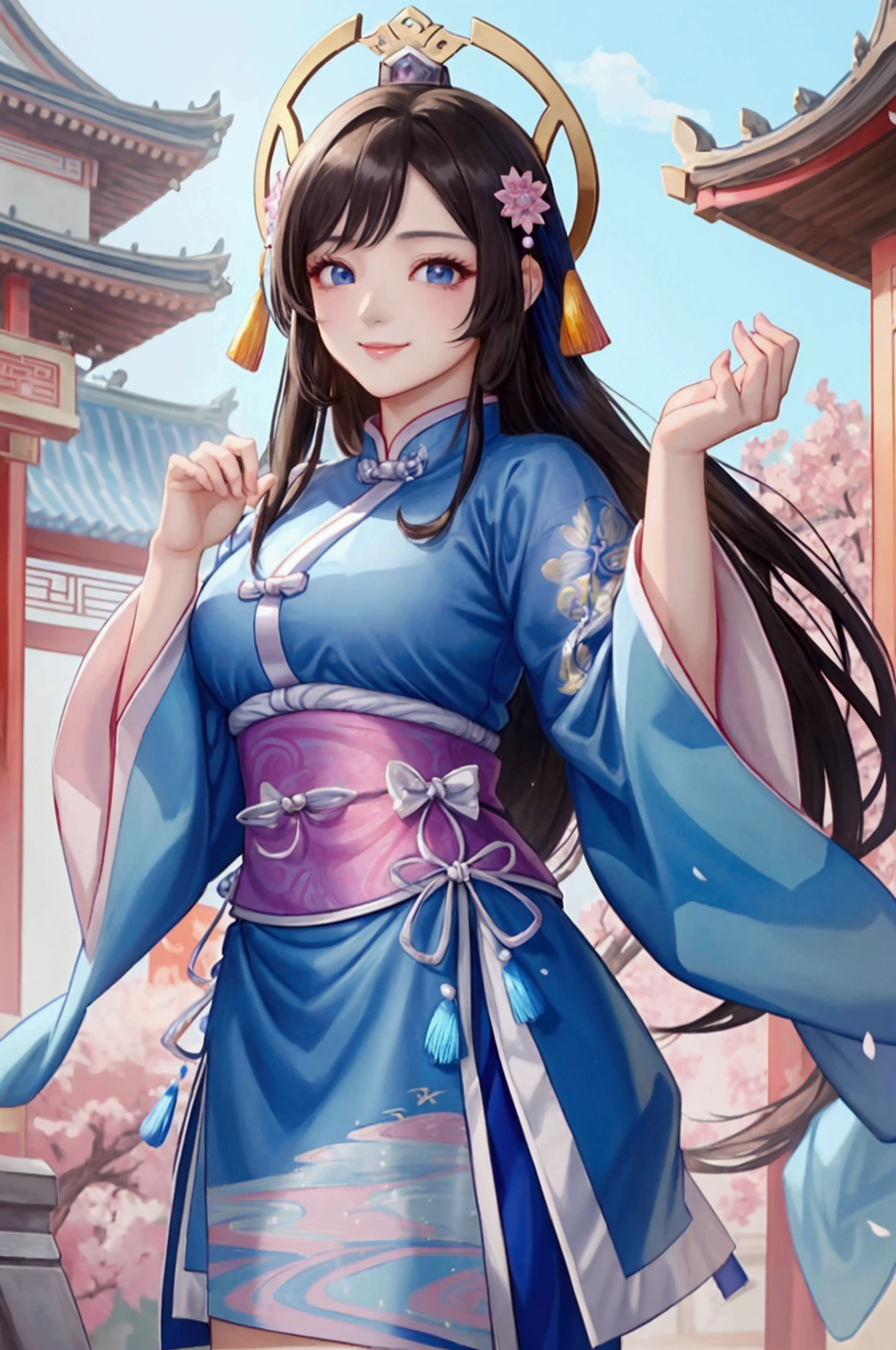 (Highest quality、 8k 、masterpiece、High resolution)、(Chinese Drama、Changgexing、Li Changge、Dililaba)、Tang Dynasty、Changan、1 Female、Beautiful young person、blue eyes、Pretty lips、Hairpin、decoration、(Noble Princess)、(Anime Beauty)、(Anime Art)、Smiling and posing happily、Bright atmosphere、Light colored long hair、Light pink Hanfu、古いChanganの街並み、Tang Dynasty Buildings、Tang Dynasty Buildings、Official Art、Detailed CG、