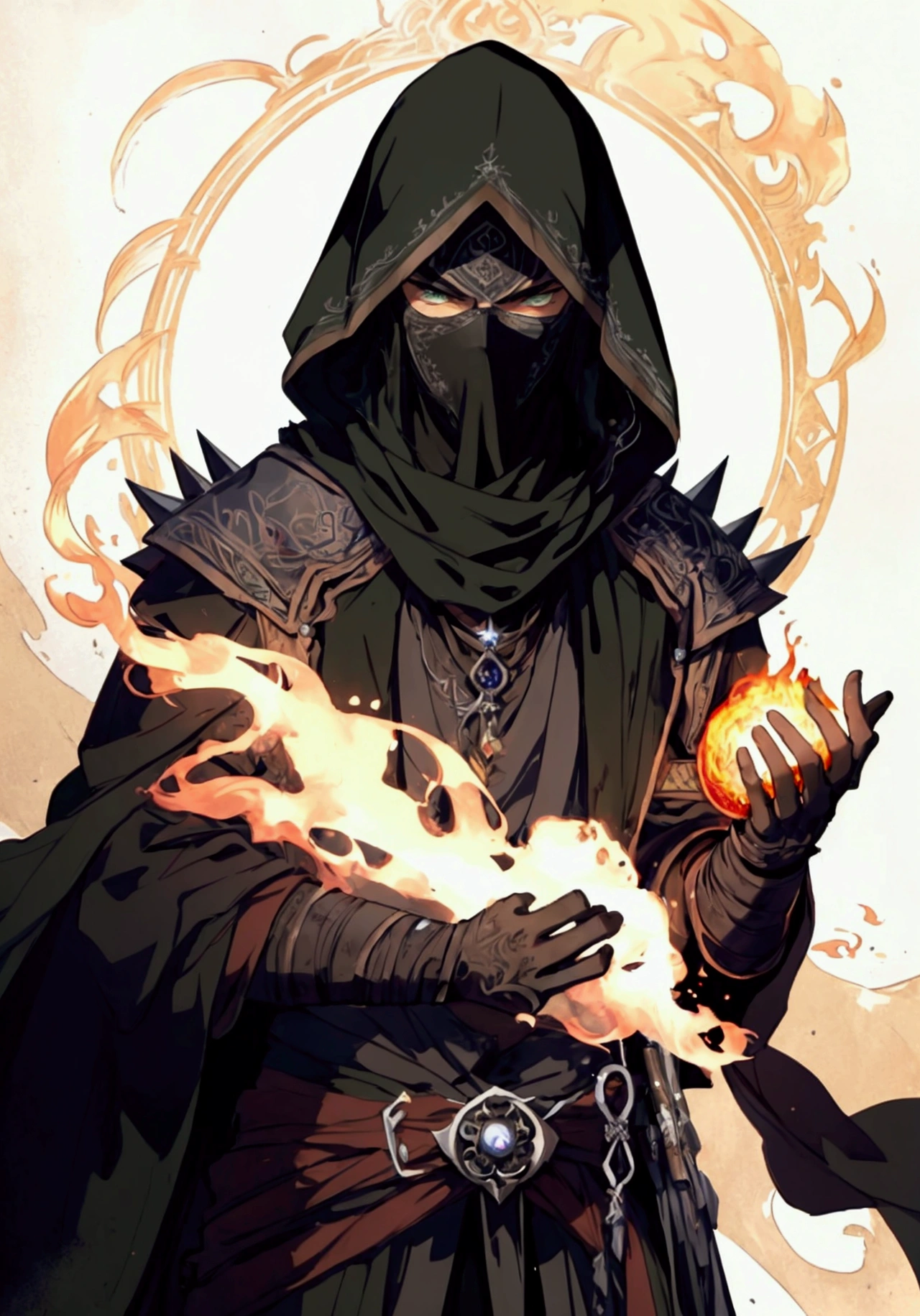 (Masterpiece), ((Highest Quality)),(Official Art),dark epic:1.2),(1 solo anime man: 1.3). A Middle-Eastern assassin man with spiky black hair, green eyes, tan skin, and covered face. He wears a white assassin robe, standing inside a flaming temple surrounded by fire background. Detailed picture. Detailed eyes. Masculine jaw. Soft fairytale picture Arthur Rackham-style. Colorful, best detailed ((super detailed)), (highly detailed 2D anime man illustration), ((dark and beautiful))