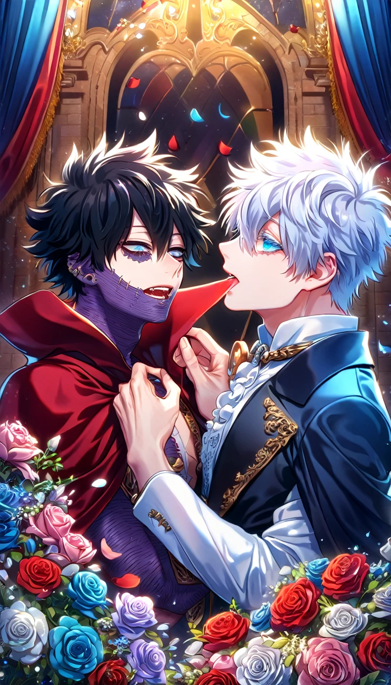 absurdres, highres, ultra detailed, HDR, master piece, best quality, extremely detailed face, delicated features, Dabi, black hair, expressive turquoise eyes, Boku No Hero Academia, Gojou Satoru, white hair, expressive blue eyes, white eyelashes, two sexy men together, yaoi, gay couple, handsome, vampire clothes, vampires, accessories, red cape, fantasy, magical, inside a castle, night, petals, flowers, blue curtains, luxurious room