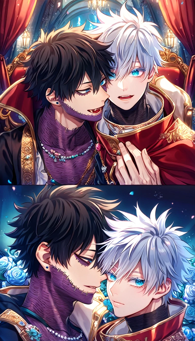 absurdres, highres, ultra detailed, HDR, master piece, best quality, extremely detailed face, delicated features, Dabi, black hair, expressive turquoise eyes, Boku No Hero Academia, Gojou Satoru, white hair, expressive blue eyes, white eyelashes, two sexy men together, yaoi, gay couple, handsome, vampire clothes, vampires, accessories, red cape, fantasy, magical, inside a castle, night, petals, flowers, blue curtains, luxurious room