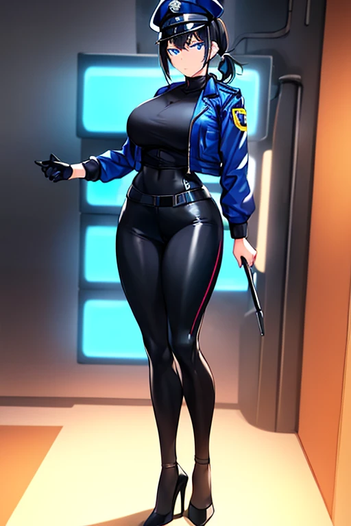 1girl, black hair, short hair, ponytail, long ponytail, blue eyes, large breasts, toned, hourglass figure, serious, blue jacket, bodysuit, black bodysuit, policewoman, police hat, police, neon, neon trim, futuristic, science-fiction, machinery, tech, full_body, ((full body)), standing, high heels