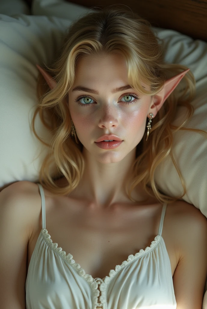 18 year old elf with golden hair, light sea green eyes white skin , Lean, with earrings in his ears Lying on a bed