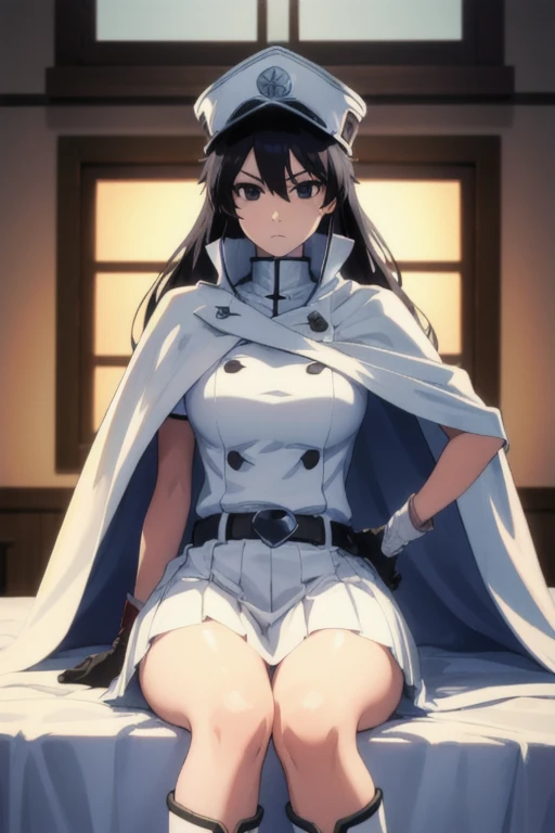 bambietta, bambietta basterbine, long hair, black hair, (black eyes:1.5), (medium breast:1.2),
BREAK skirt, gloves, boots, belt, cape, cloak, white cloak, hat, cap,
BREAK looking at viewer,
BREAK (masterpiece:1.2), best quality, high resolution, unity 8k wallpaper, (illustration:0.8), (beautiful detailed eyes:1.6), extremely detailed face, perfect lighting, extremely detailed CG, (perfect hands, perfect anatomy), bedroom, sitting
