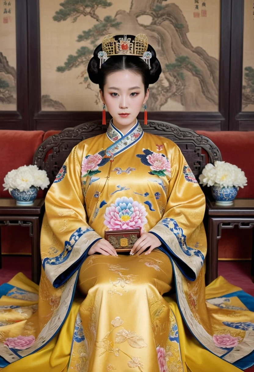 From before the Qing, The Empress sits naked on a golden sofa in the palace, Her eyes are wide open, Her legs were spread, big naked breasts. At the Chinese court during the Qing Dynasty, Empress of the Qing Dynasty, Empress of China, Wearing a large crown, When viewed from below, the abdomen and thighs are visible..。She is completely naked, Showing off gorgeous large flowers and hairpins, She tied her hair up and pulled it up, 背景はEmpress of the Qing Dynastyの豪華な宮殿.