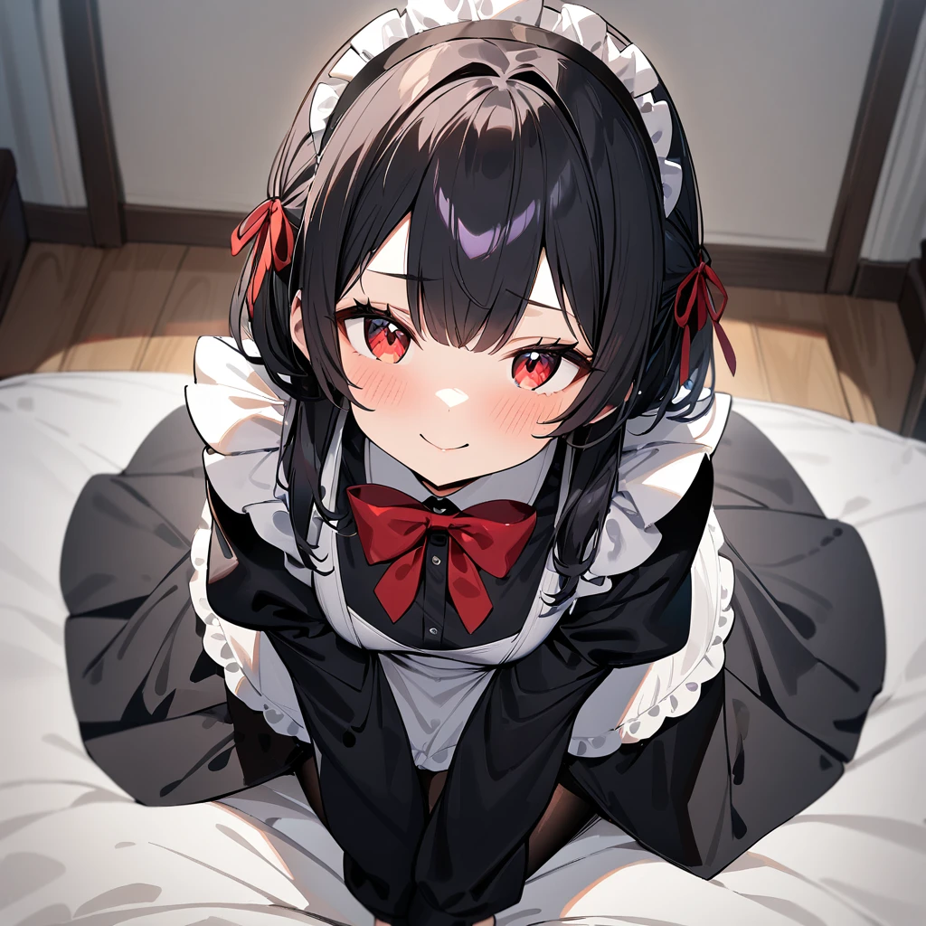 1girl,Solo,cute smile,blackhair,red eyes,purple and red,Maid,black skirt,red bow,black Shiny pantyhose,Large sleeves,masterpiece, best quality, very aesthetic, absurdres,pov Crotch,hands Between legs