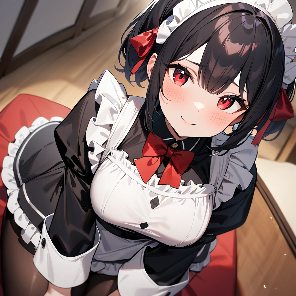 1girl,Solo,cute smile,blackhair,red eyes,purple and red,Maid,black skirt,red bow,black Shiny pantyhose,Large sleeves,masterpiece, best quality, very aesthetic, absurdres,pov Crotch,hands Between legs