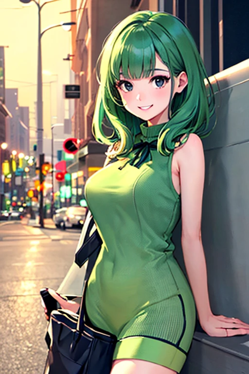 ((masterpiece)), (((best quality))), chromatic lighting,
colorized, green + white limited color palette, 
detailed concept drawing,
Street Fashion, Along a highway , night,
portrait, 20yo 1girl, medium soft breasts, slender, long green hair, black eyes, smiling