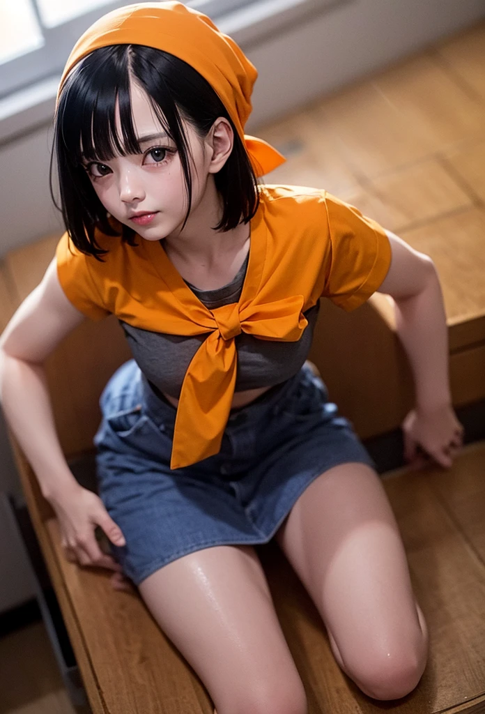 Masterpiece,Solo,One Girl,Pan,(Dragon Ball GT),Perfect Body,Ultra High Quality,Ultra High Resolution,Ultra Detailed,Photograph 8K,Theme School Girl,School Girl Short Sleeve Suit,Short Skirt,Beautiful,Beautiful Girl,Short Hair,Classroom Background,Orange Bandana Hair