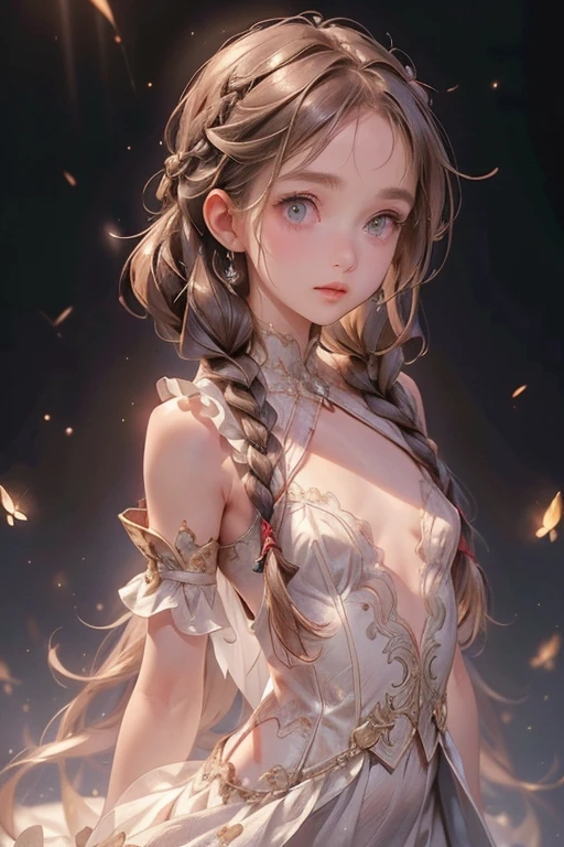 ((best quality)), ((masterpiece)), (detailed), 1 Girl, (Big forehead:1.2),extremely detailed cute anime face, (((flat chest))), (flat chest:1.1),((((long double braids,tight braids,Long braids,Braided Hair,Long hair)))),Complex eyes,beautiful detailed eyes,Symmetrical eyes,(((detailed face))),beautiful detailed lips, Dynamic poses, Look at this, solve, Determined, high resolution,(best quality),(ultra detailed,extremely detailed),Perfect face details, ((masterpiece:1.4, best quality))+, (ultra detailed)+, Long twin tails, Cute girl, (flat chest:1.1), Small Breasts, slim Body, Skinny, Protruding collarbone, Skinny arms, Flat belly, Visible hip bone, Long hair, Red hair, White hair, Blonde Hair, Black Hair, Ponytail, thick Ponytail, heavy Ponytail, Small Breasts, Perfect face, Small Breasts (flat chest:1.1), Detailed Body,Complete limbs, (flat chest:1.1), Red and white clothes, Bloodborne, mysterious aesthetic, mysterious, detailed and intricate steampunk and detailed gothic, National Science Foundation, Dramatic and cinematic lighting, cosmic horror, dark, Side Light, Perfect face, National Science Foundation, Fluttering lace flared long knee length dress with frilly petticoats, knee length dress, Pleated petticoat, Gothic petticoat, Complex lace-up boots, Side Light, Gothic ta Aesthetics, Wields a powerful sword with mechanical parts, Different types of insect wings, National Science Foundation, full Body, whole Body, Body, National Science Foundation, Chain, full Body, whole Body, head-to-toe national foundation