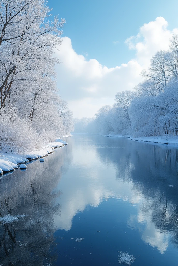  In winter, the trees and branches on both sides of the lake hang snowflakes and rime flowers, forming beautiful reflections on the clear water surface. There are white clouds in the blue sky, and there may be some small ice crystals floating at different heights. This photo was taken with an ultra wide angle lens, presenting a stunning scene that captures every detail of this snow scene. It's like being alone in another world. This scene seems to be in the style of Impressionist painters, capturing the peaceful winter moments in nature