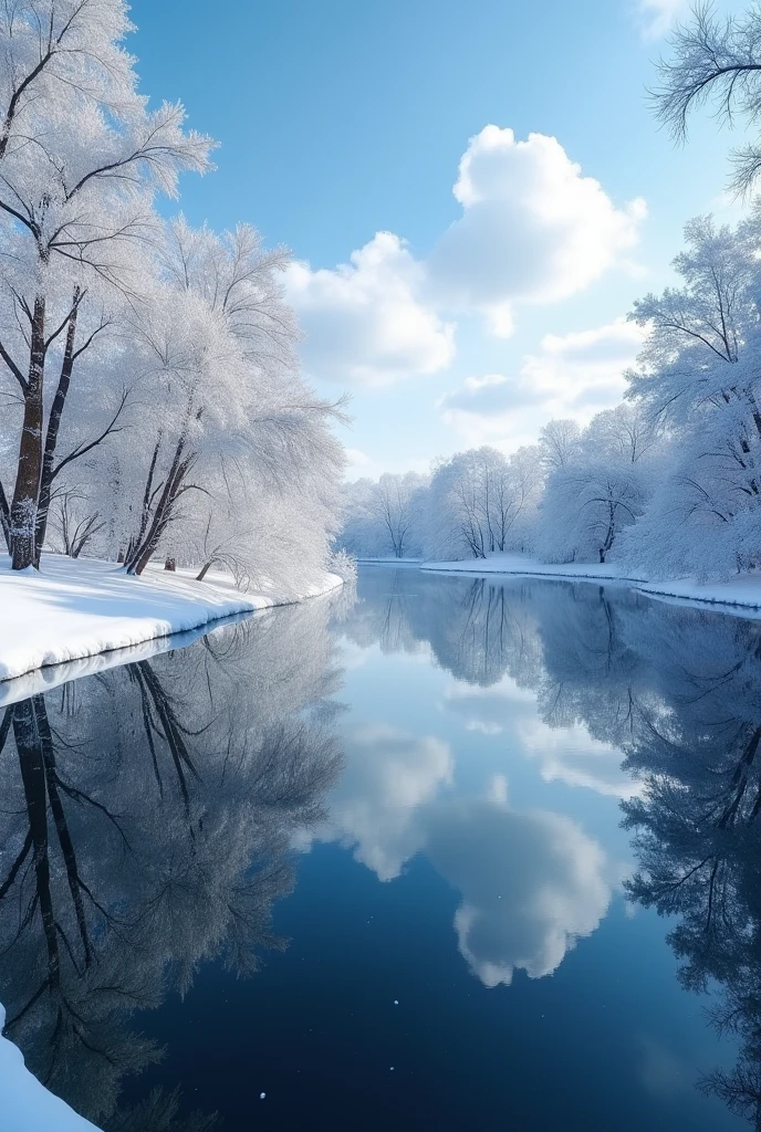 In winter, the trees and branches on both sides of the lake hang snowflakes and rime flowers, forming beautiful reflections on the clear water surface. There are white clouds in the blue sky, and there may be some small ice crystals floating at different heights. This photo was taken with an ultra wide angle lens, presenting a stunning scene that captures every detail of this snow scene. It's like being alone in another world. This scene seems to be in the style of Impressionist painters, capturing the peaceful winter moments in nature