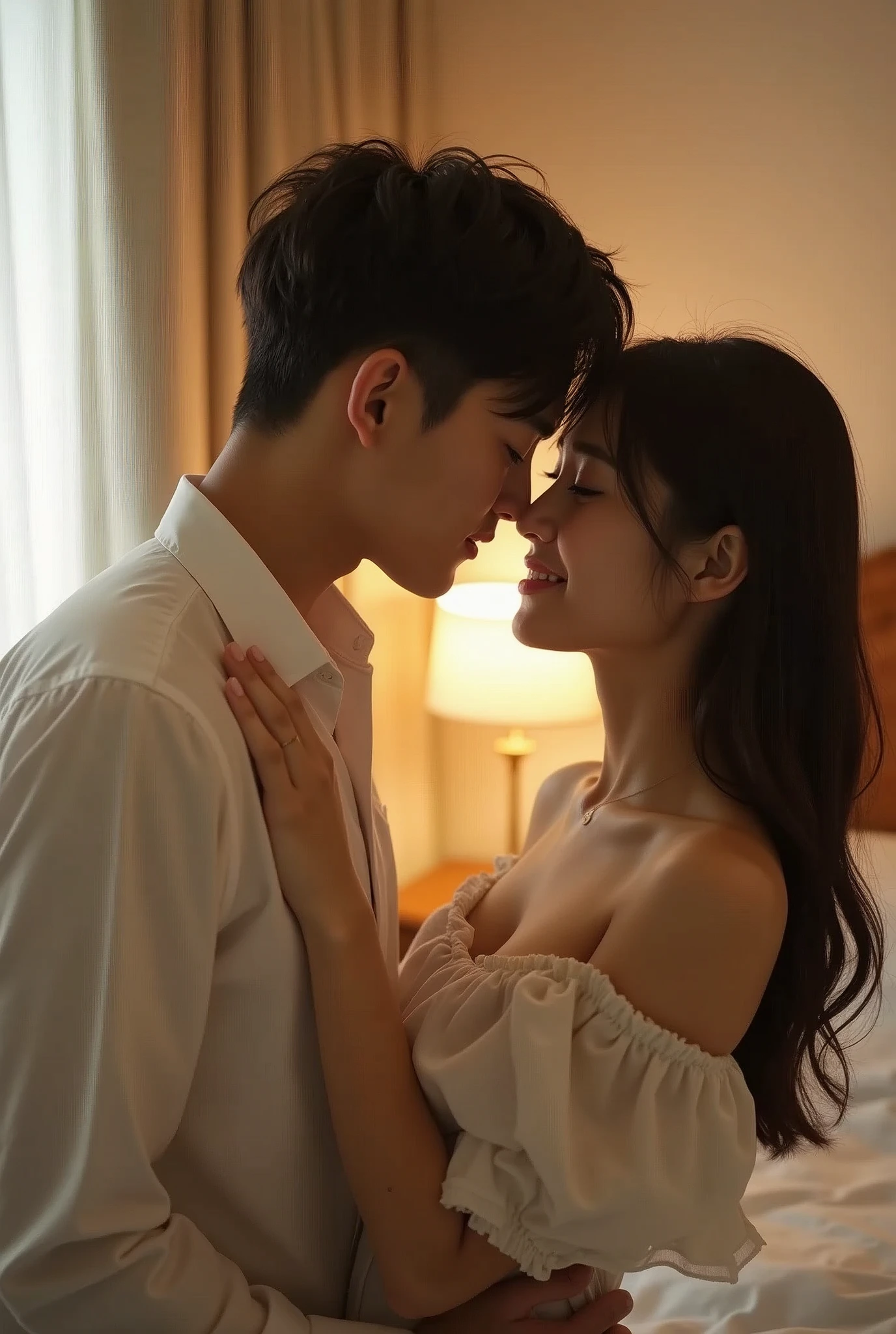 Korean lover kissing, look each other, at bedroom