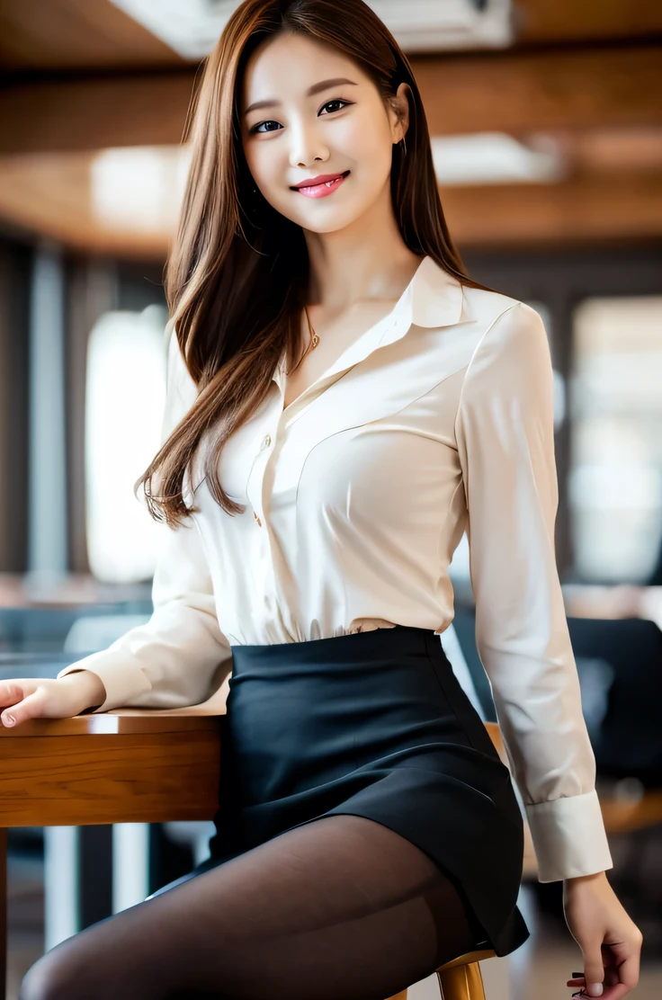 whole body, highest quality, Realistic, Very detailed, finely, High resolution, 8k wallpaper, One beautiful woman,, Light brown messy hair, Wear a business suit, Sharp focus, Perfect dynamic composition, Beautiful and detailed, Thinning hair, Detailed Realistic skin texture, smile, Close-up portrait, Model Body Type、length, Muscular, Beautiful feet、Beautiful legs、Super mini tight skirt、Big Hips、thin black pantyhose、I can see the toes of her high heels、Perfect Style、Sitting on a low chair with my legs spread, I look down、smileでパンティを見せる、Angle from below、