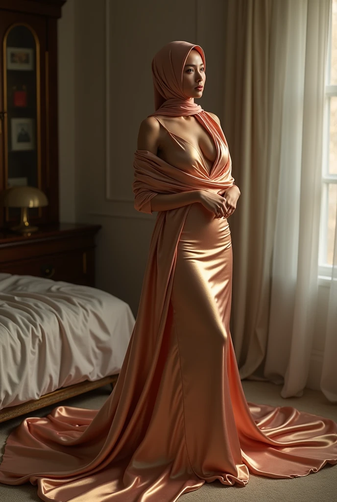 Asian woman wrapped in a shine satin cloth mimicking a mermaid gown with a striking large train, the cloth clings tightly to her figure, incorporates a hijab, standing with poise, see through whole body,half naked, nipple on, dramatic lighting, sexy pose in bed room, volumetric textures, ultra realistic, golden ratio.